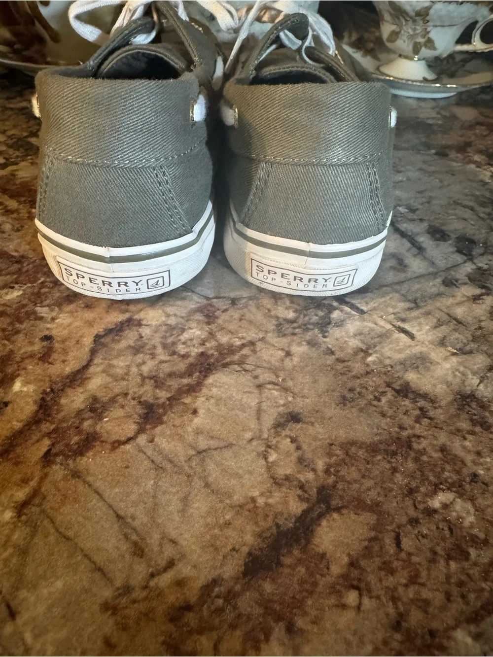 Sperry Olive Green Canvas Boat Sneakers with White Soles